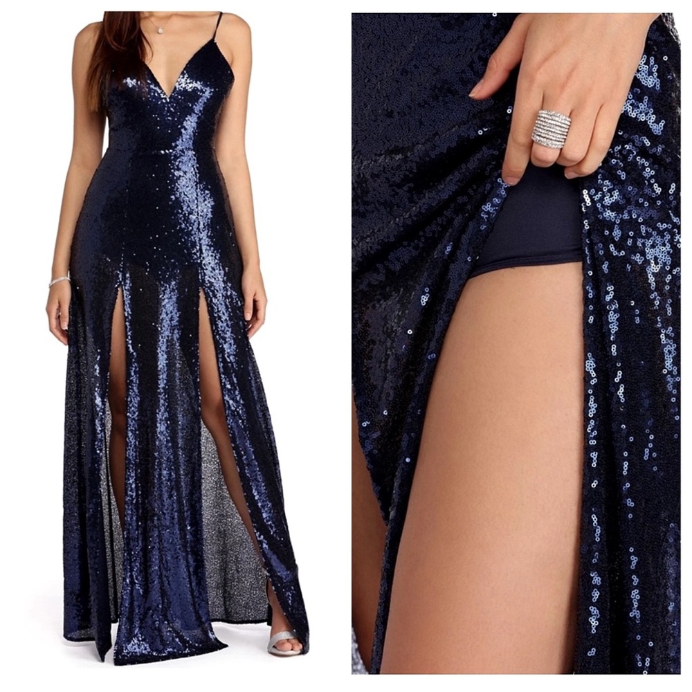 🌟Sequin Sparkle Double Slit Maxi Navy Blue Formal Prom Dress
